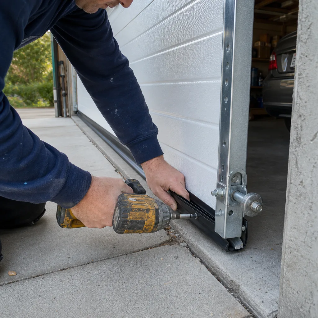 Technician installing rubber bottom weather seal on white garage door