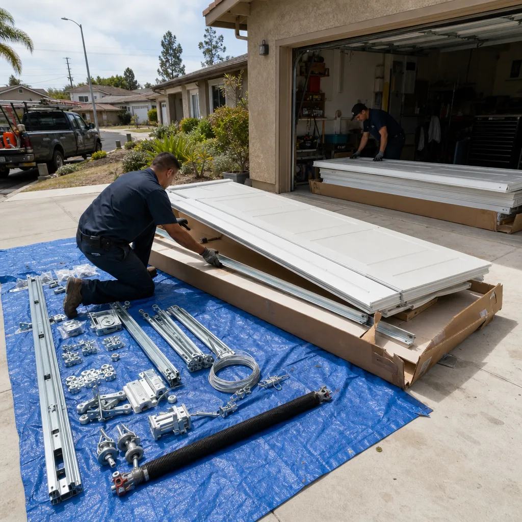 Technicians installing a new residential garage door system