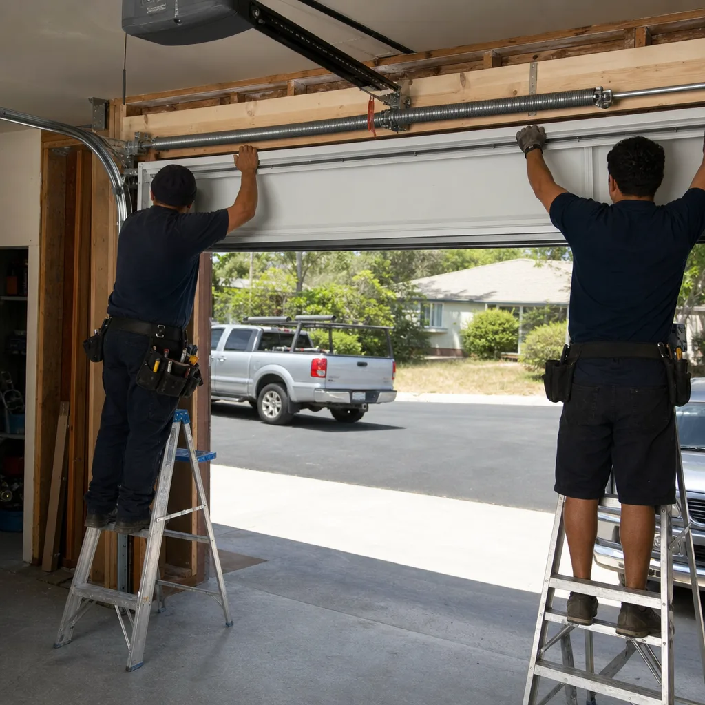 Two professional technicians installing a new residential garage door