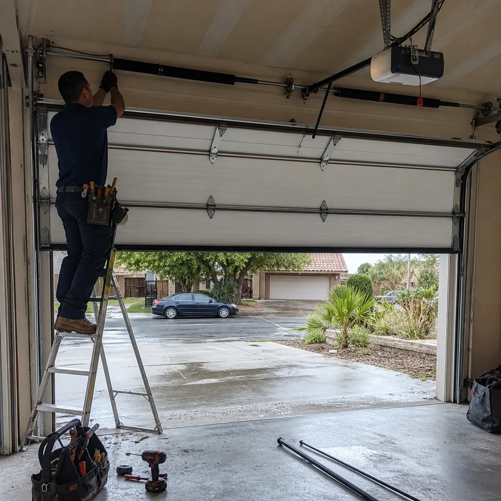 Technician performing professional garage door spring repair and maintenance